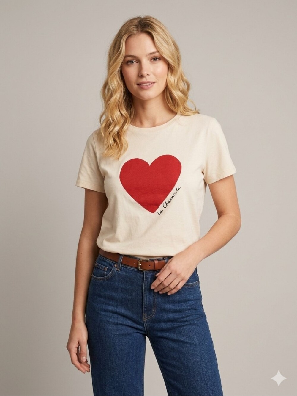 Sezane Heart T Shirt Cream / Red Organic Cotton - Size L